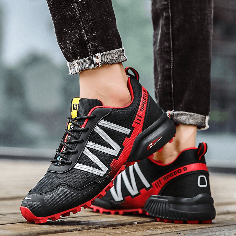 Stylish waterproof non-slip men's sneakers in black and red, featuring breathable mesh and EVA outsole for sports and casual wear.